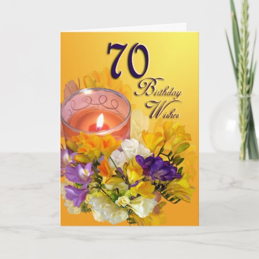 70. Happy Birthday Card - Freesias und Kerze Karte (Vorderseite)