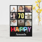 70. Happy Birthday Foto Collage Modern Black Karte (Gelbe Blume)