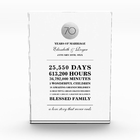 70. Hochzeit Geburtstag Custom Gift Plaque Fotoblock (Vorderseite)