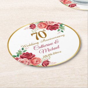 70. Hochzeitsjubiläum Goldrahmen Blumen Runder Pappuntersetzer
