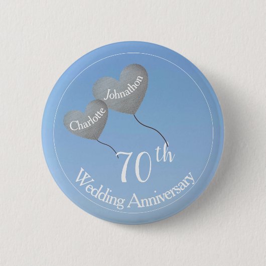 70. Hochzeitstag Platin-Herzballons Button (Vorderseite)