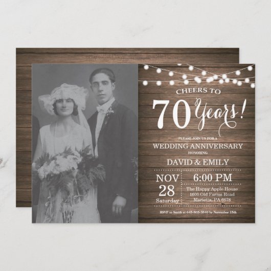 70. Hochzeitstag Rustikales Holz Einladung (Vorne/Hinten)