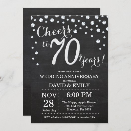70. Hochzeitstag Schwarzes Silber Chalkboard Einladung (Vorne/Hinten)