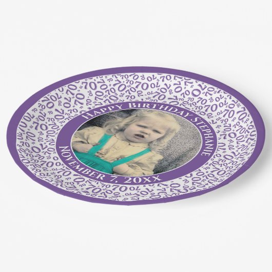 70 Ihr Foto Random Number Pattern Lila/weiß Pappteller (Schrägansicht)
