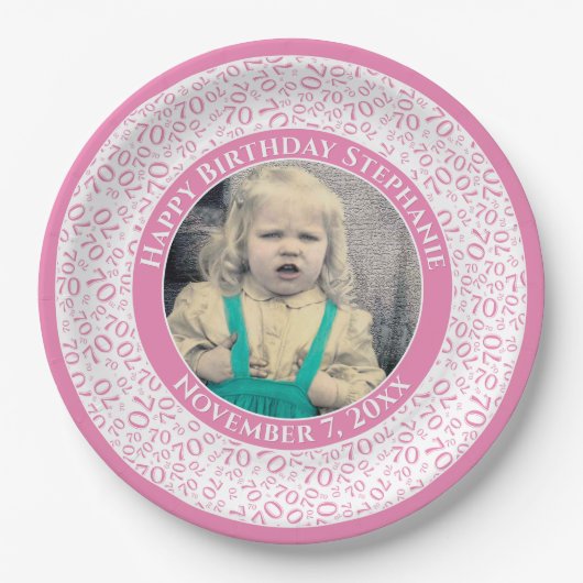 70 Ihr Foto Random Number Pattern Rosa/Weiß Pappteller (Vorderseite)