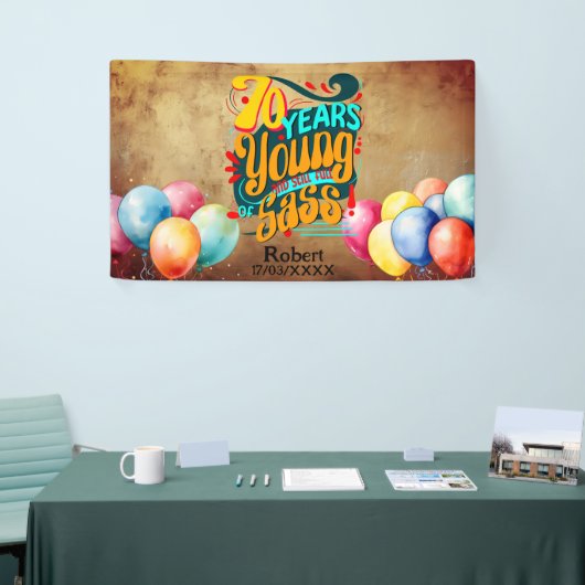 70 Jahre jung noch voll von Sass, Retro Groovy Banner (Messeveranstaltung)