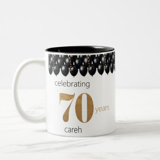 70 Jahre Schläge und Lächeln Zweifarbige Tasse (Links)