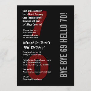 70. Modern Birthday Black Silver White Red W1789 Einladung