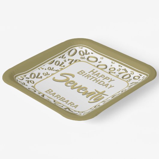 70. Party Random Number Pattern Gold/Weiß Pappteller (Gewinkelt)