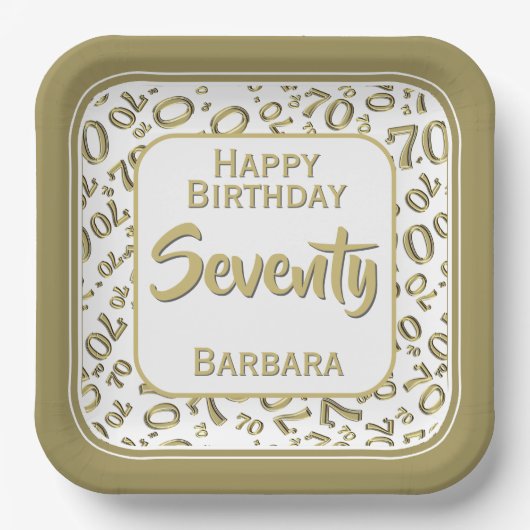 70. Party Random Number Pattern Gold/Weiß Pappteller (Vorderseite)