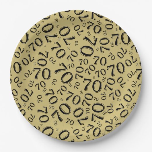70. Party Random Number Pattern Gold/Weiß Pappteller (Vorderseite)