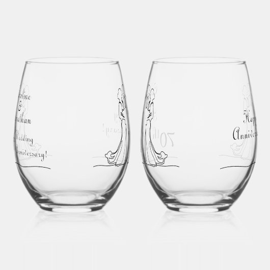 70. Platinum Wedding Anniversary Line Art Couple Weinglas Ohne Stiel (Links)