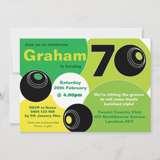 70. Rasen Bowls Barefoot Bowling Birthday Einladung (Vorderseite)