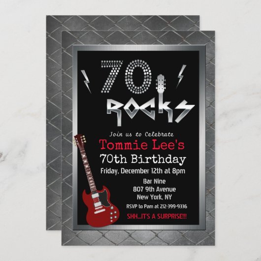 70 Rocks Rockstar Gitarre 70. Geburtstag Einladung (Vorne/Hinten)