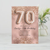 70. Roségold Glitter Geburtstag Einladung (Stehend Vorderseite)
