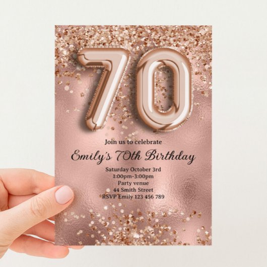 70. Roségold Glitter Geburtstag Einladung