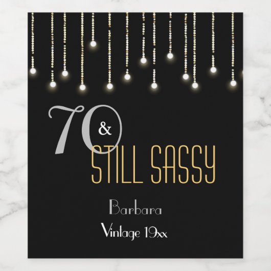 70 Sassy Black Silver Gold String Lichter Geburtst Weinetikett (Einzelnes Label)