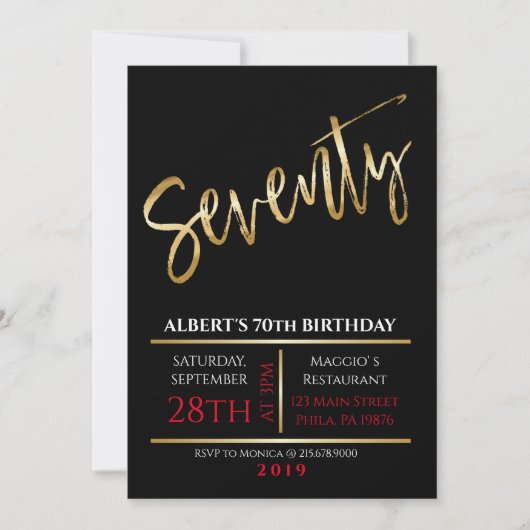 70. Seventieth Birthday Gold Black Einladung (Vorderseite)