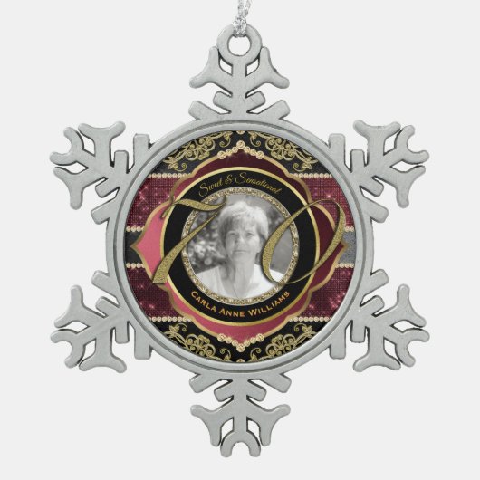 70. Seventieth Gold Ruby Diamonds Foto Frame Schneeflocken Zinn-Ornament (Vorderseite)