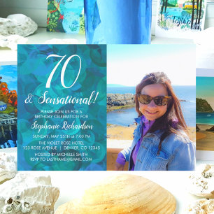 70 und Sensational Ocean Blue Foto Geburtstag Einladung