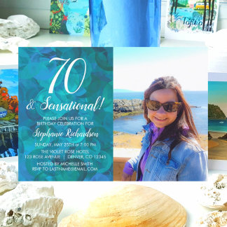 70 und Sensational Ocean Blue Foto Geburtstag Einladung