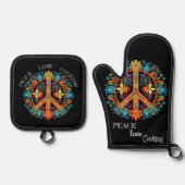 70er 60er Friedenszeichen farbig Ofenhandschuh & Topflappen-Set (Vorderseite)