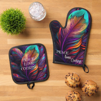 70er 60er Psychedelische Federn Ofenhandschuh & Topflappen-Set