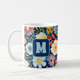70er 60er Retro-Blumenmonogramm Blau und Orange Kaffeetasse