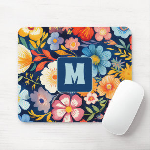 70er 60er Retro-Blumenmonogramm Blau und Orange Mousepad