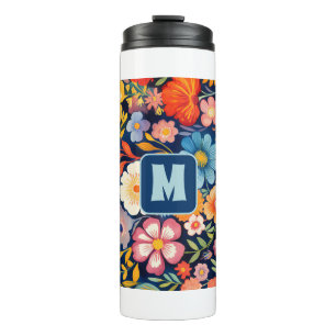 70er 60er Retro-Blumenmonogramm Blau und Orange Thermosbecher