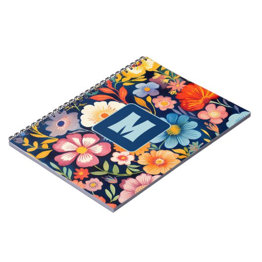 70er 60er Retro Floral Monogram Blue und Orange Notizblock (Linke Seite)