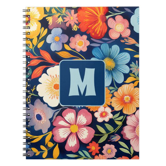 70er 60er Retro Floral Monogram Blue und Orange Notizblock (Vorderseite)