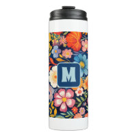 70er 60er Retro Floral Monogram Blue und Orange