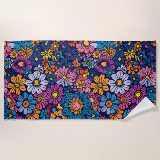 70er Boho Retro Blume Strandtuch (Vorderseite)