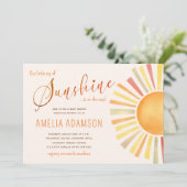 70er Boho Sun "Little Ray of Sunshine" Kinderdusch Einladung (Stehend Vorderseite)