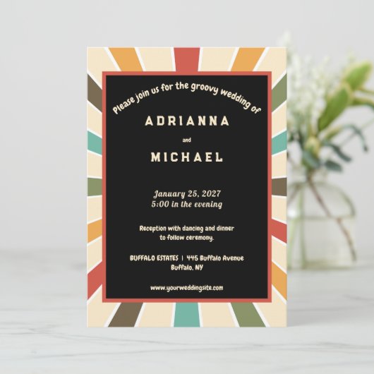 70er Colorful Retro Nostalgie Hochzeit Einladung (Stehend Vorderseite)