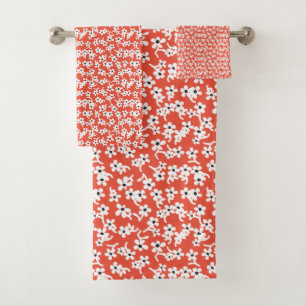 70er Floral in Rot, Vintage Blüte, Blumenmuster Badhandtuch Set