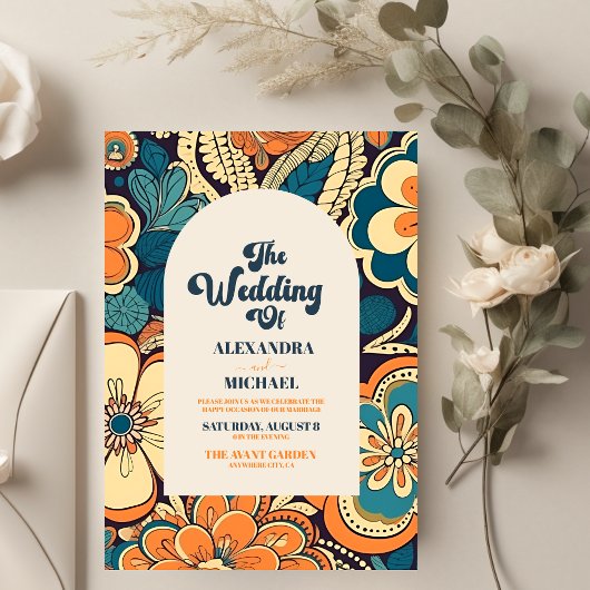 70er Floral Wedding Einladung