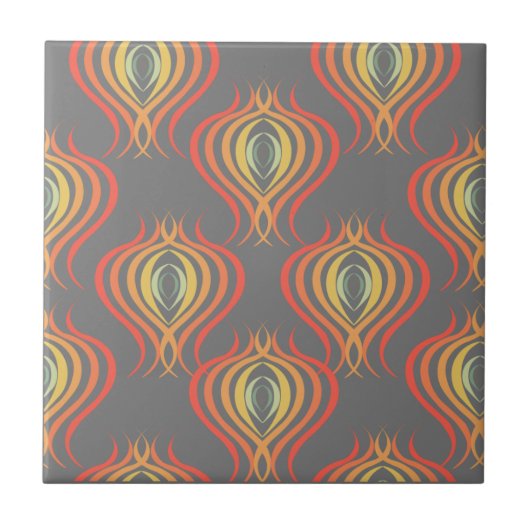 70er Inspiriert Ogee Muster Orange Red Gray Fliese (Vorderseite)
