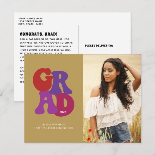 70er Inspiriert Retro Graduate Foto Abschluss Postkarte (Vorne/Hinten)