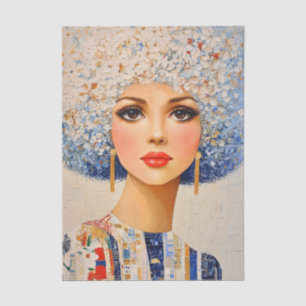70er Jahre Frau, Blau-Weiße Florale Afro EC8R Deco Seidenpapier
