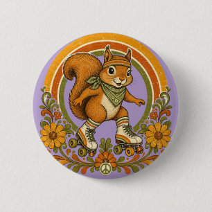 70er Jahre Groovy Rollschuh fahrendes Eichhörnchen Button