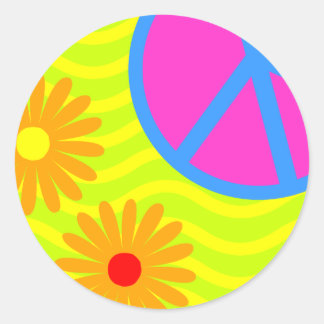70er Jahre Hippie-Friedenszeichen und Blume Runder Aufkleber