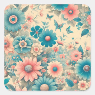 70er Jahre Vintage Wiese Blaue und Rosa Blüten Quadratischer Aufkleber