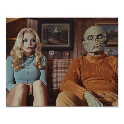 70er Monster und Frau auf Couch Fotodruck (Vorne)