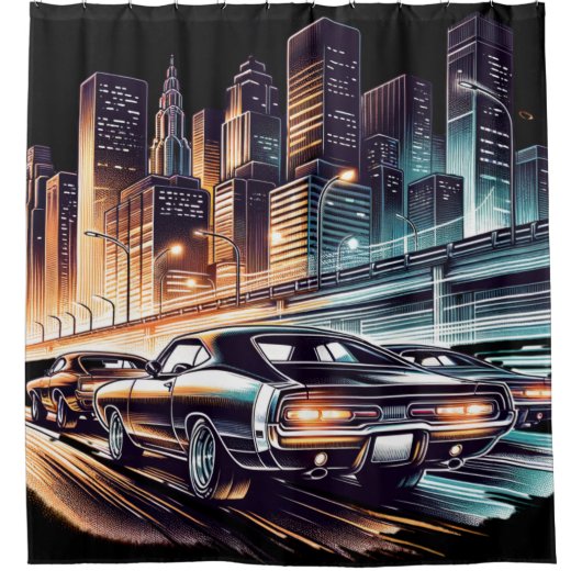 70er Muscle Car Cityscape Duschvorhang (Vorderseite)