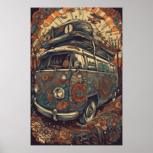70er Psychedelic Hippie Van Retro AI Art Poster (Vorne)