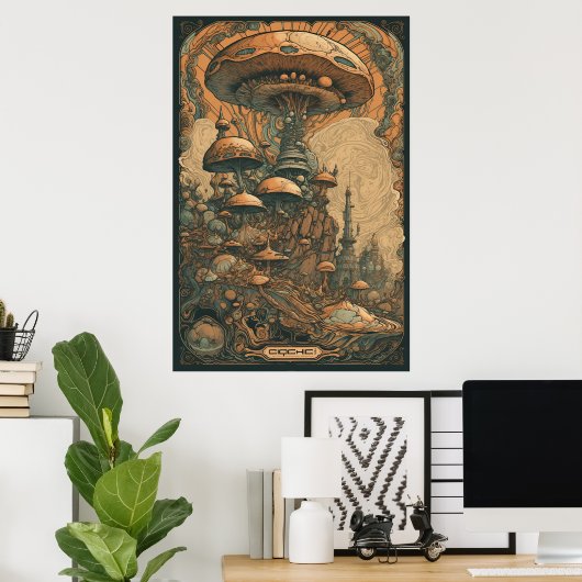 70er Psychedelic Mushroom AI Art | Retro Abstrakt Poster (Heimbüro)