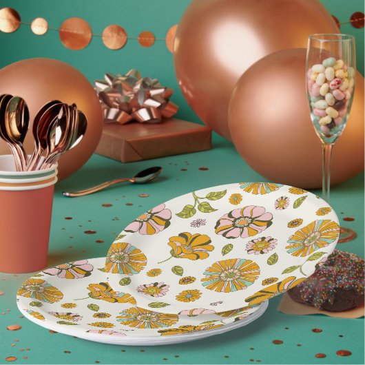 70er Retro-Blumenmuster Pappteller (Multi)