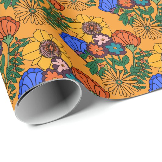 70er Retro Floral Gelber Kissen Geschenkpapier (Rolleneckpunkt)